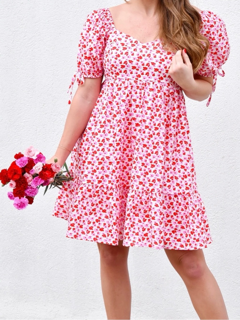Pink & Red Floral Puff-Sleeve Sweetheart Dress